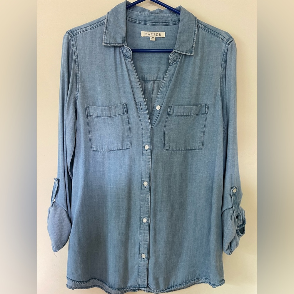 Harper | 100% Lyocell | Denim Blue Button Up Blouse | Size Medium